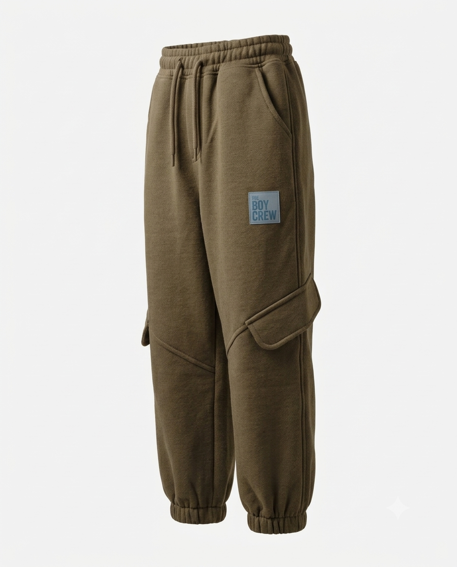 Olive green kids' jogger pants with cargo pocket, drawstring waist, ribbed cuffs, and The Boy Crew patch