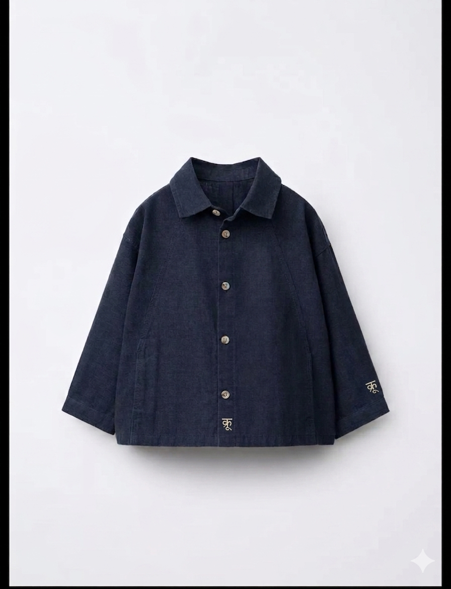 Flat lay of navy linen kids' shirt with spread collar, button front, side pockets, and embroidered logo detail