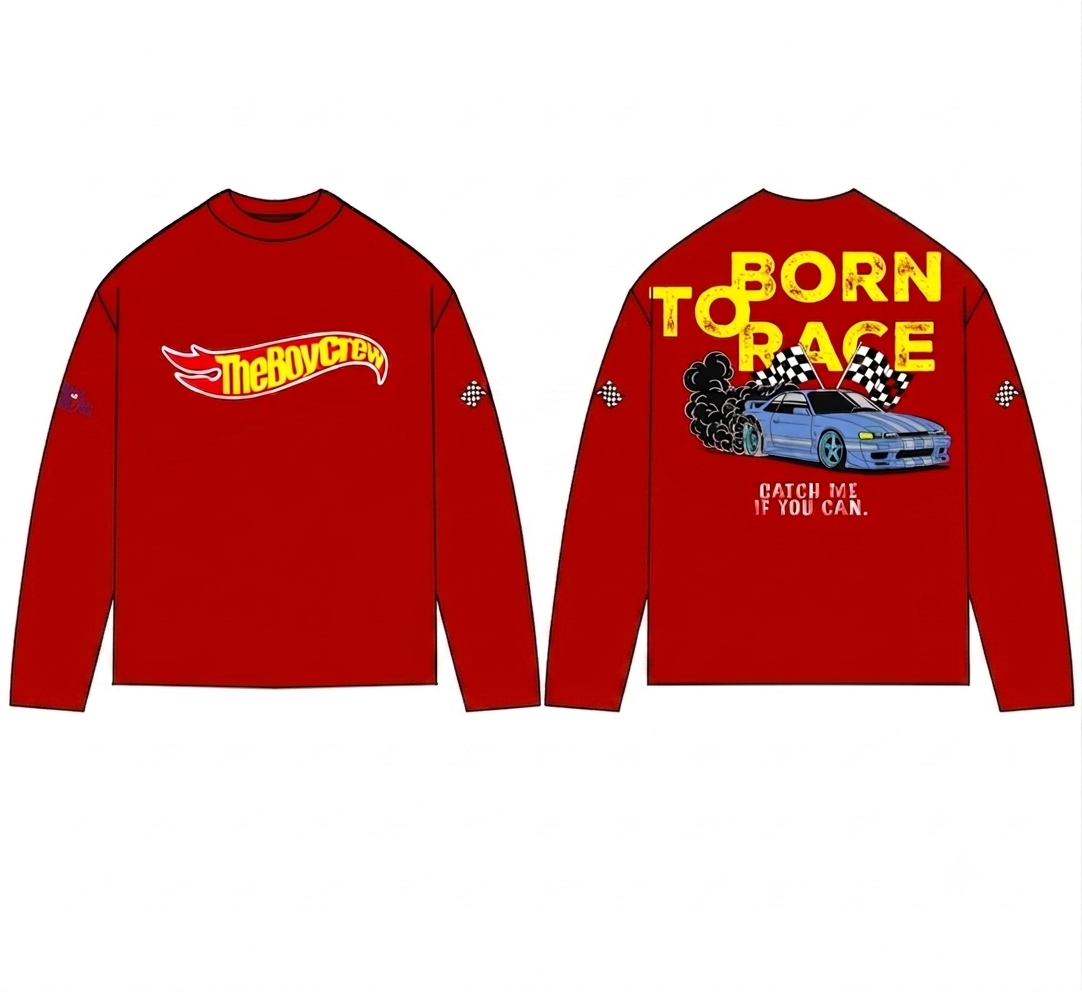"Born to Race" Long-Sleeve Graphic Tee - Crimson Red