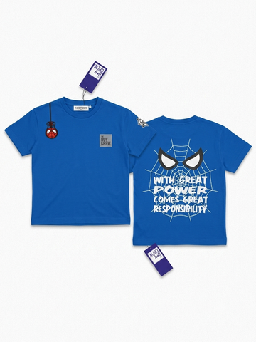 Front and back flat lay of vibrant blue kids tee with spider-man chest patch and bold web graphic on back