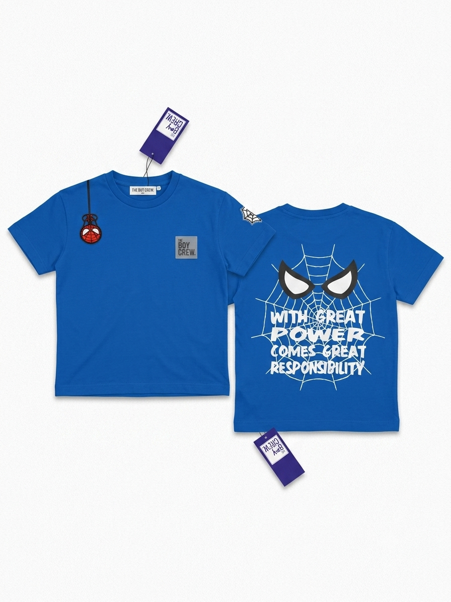 Front and back flat lay of vibrant blue kids tee with spider-man chest patch and bold web graphic on back