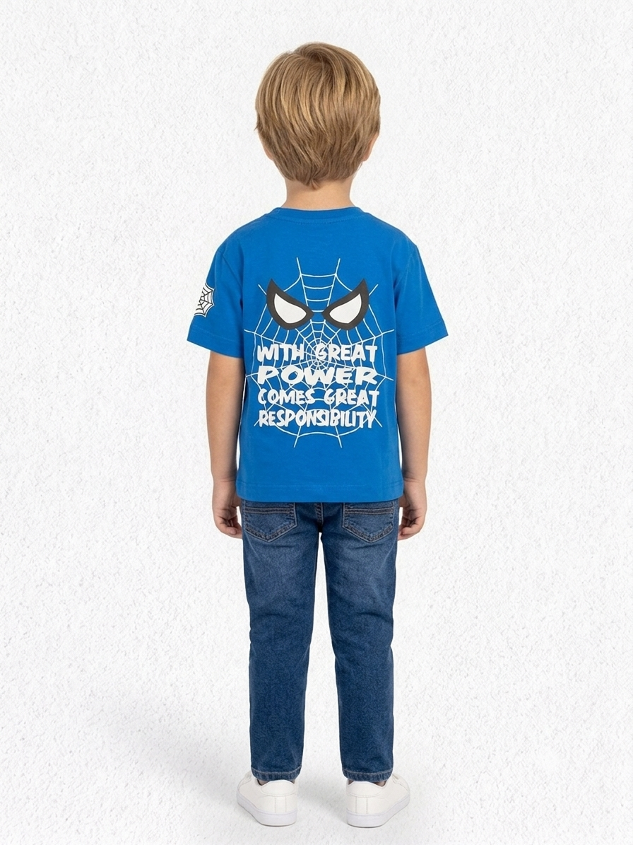 Back view of boy in blue tee showing spider-man web print and 'With Great Power' quote graphic