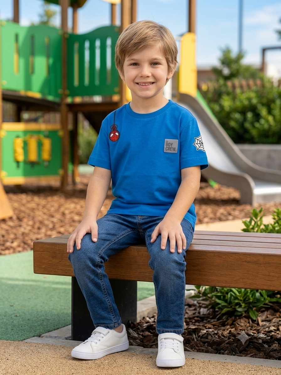 Boy sitting on playground bench in vibrant blue spider-man tee with chest patch and web sleeve detail