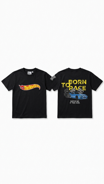 Black kids tee flat lay showing TheBoyCrews flame logo on front and 'Born To Race' racing car graphic on back