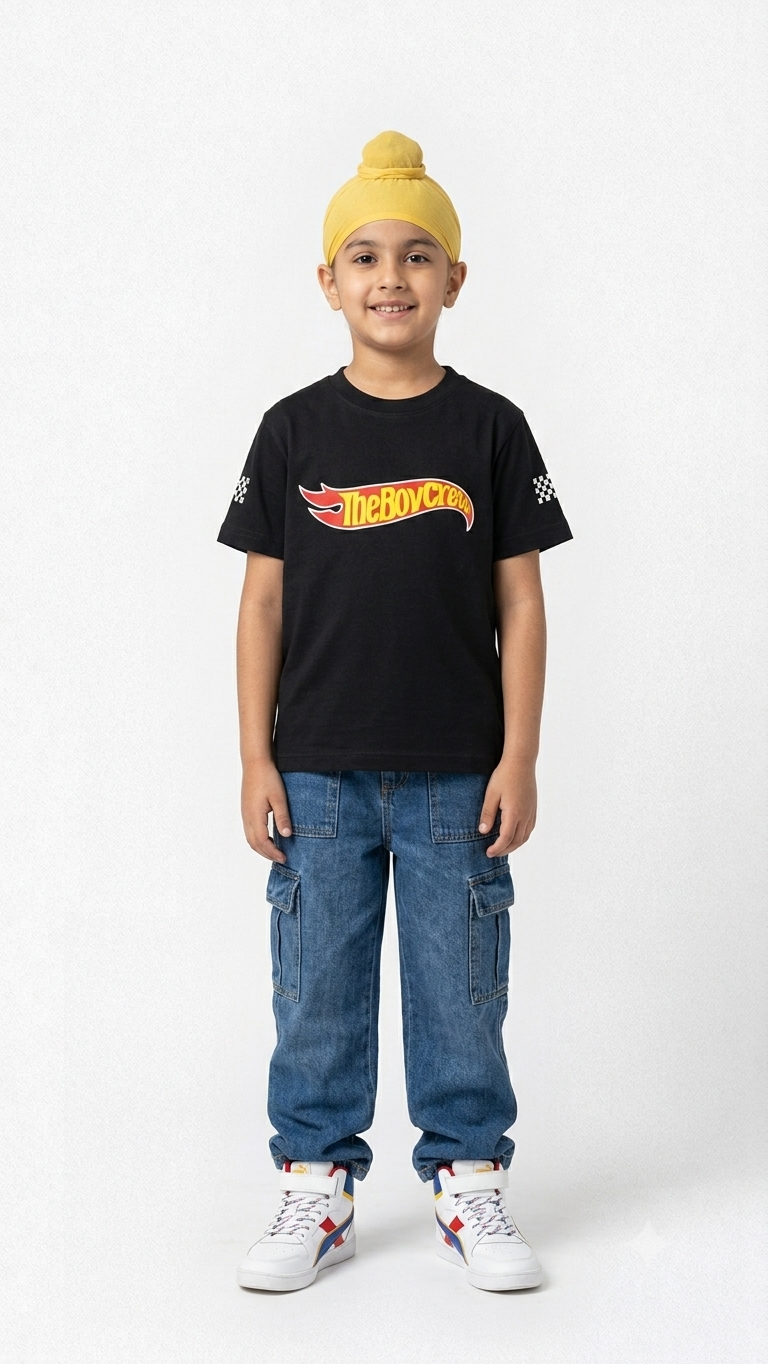 Black kids tee flat lay showing TheBoyCrews flame logo on front and 'Born To Race' racing car graphic on back